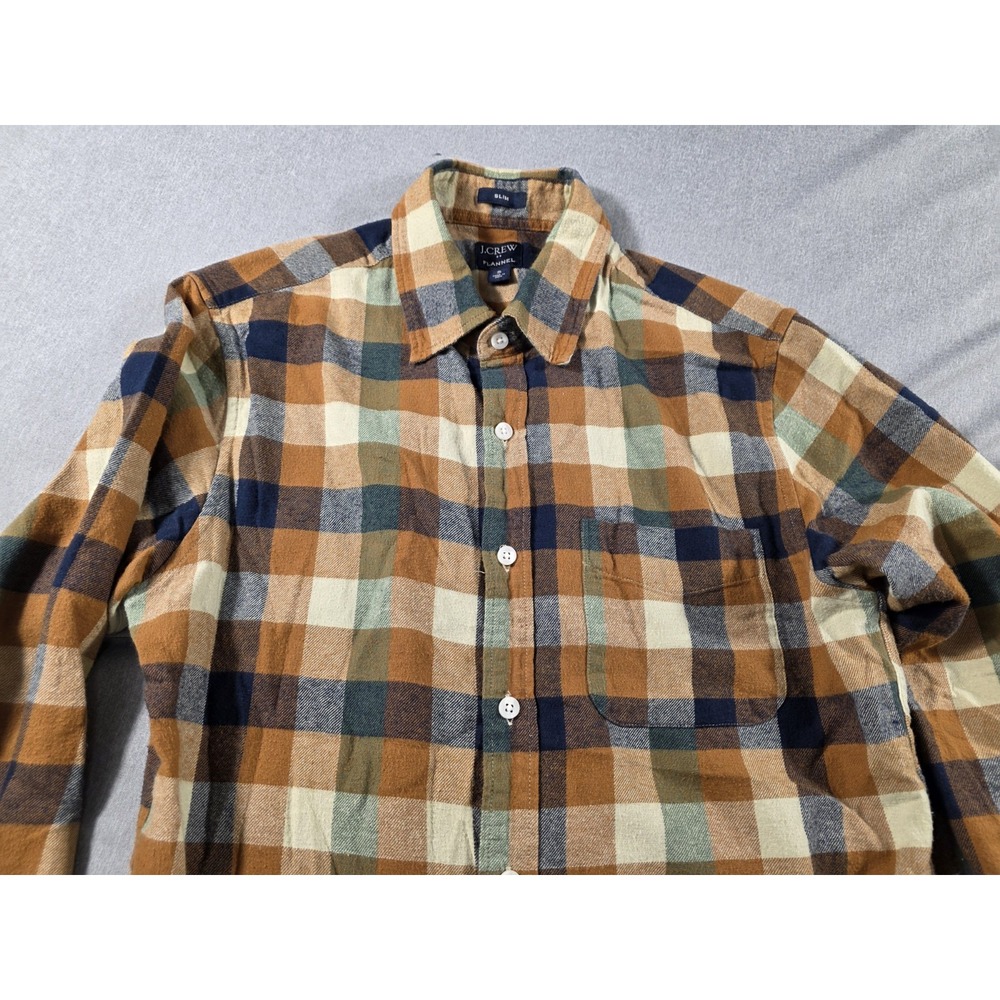 J Crew Flannel Shirt Mens Small Slim Fit Plaid Button Up L/S Neutral Earth Tones